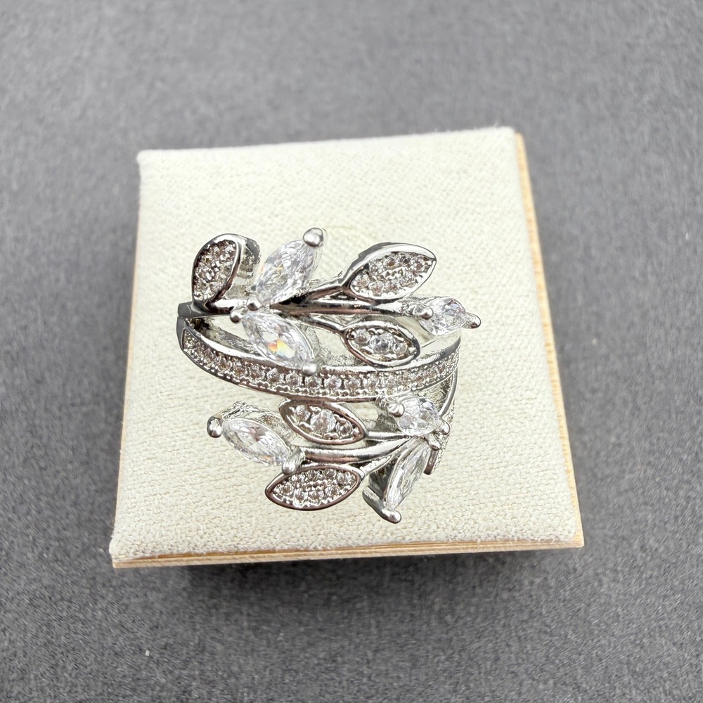 Leaf Botanical Branch Ring Glass Marquise Bypass Nature Inspired Silver Tone